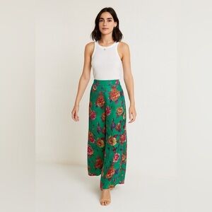 Zino Jordan Floral Satin Robe Wide-Leg Pants Green Multicolor Size 48 Resort